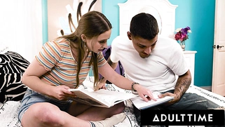 Teenager Lainey Grey twerks on her study buddy's dick while her stepfather is home!