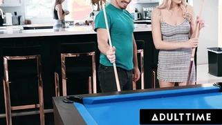 Roommates Paige Owens and Kay Lovely play strip pool with a stud and use him as a fuck toy!