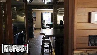 Ebony girl locked in a cage is let out to suck cock