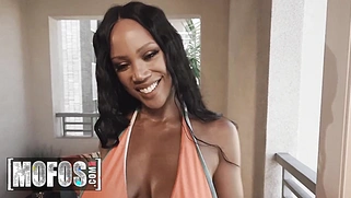 August Skye puts oil all over her body, unaware that Charles Dera is getting a boner