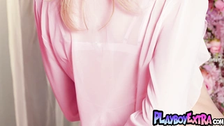 Skinny blondie slips out of her lingerie