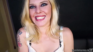 Hot blonde girl sucks cock while talking on phone