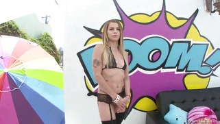 Alana Summers in sexy stockings posing outdoors