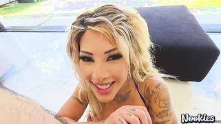 Titfuck & Reverse Cowgirl Ride on Hairy Tattooed Stud in Luxury Marble Bathroom