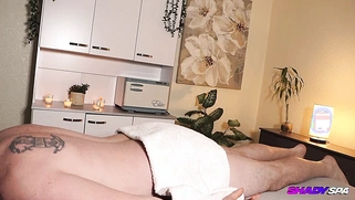 Shady Spa Blonde Gives Prone Man Wild Handjob & Blowjob