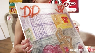 Gia Paige holds the painting and Danny D shoots cum on it