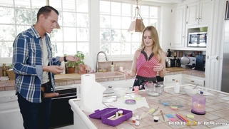 Daisy Stone gives nice handjob to her stepbro in the kitchen