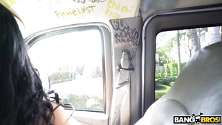 Victoria June flashes her nice big boobs in the BangBus