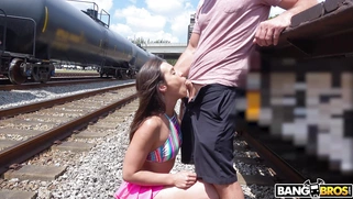 Kelsi Monroe shows off her cock sucking skills outdoors