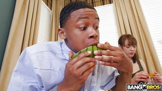 Richelle Ryan sneakily sucking her new stepson's black cock