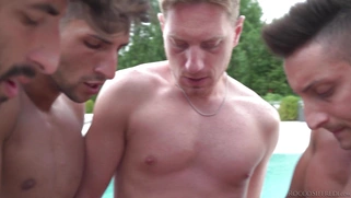 Linda Leclair is sucking many hungry cocks poolside