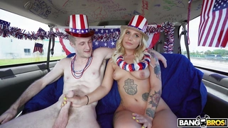 Stella Raee strokes Brick Danger's cock in the bus