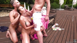 Candy Alexa is sucking Charlie Dean and Lutro's cocks