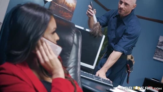 Brunette Katana Kombat is masturbating in the office